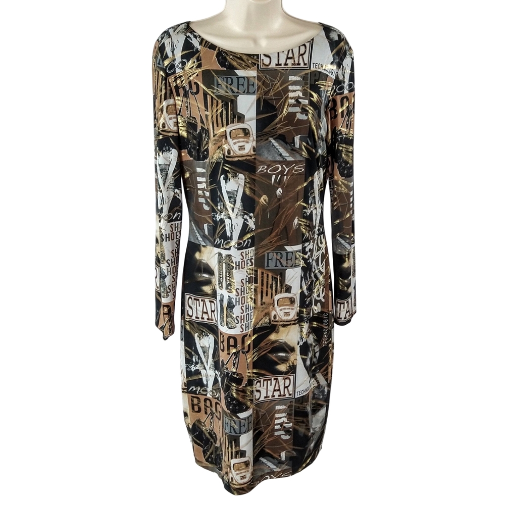 Y2K Cache Long Sleeve Graphic Print Dress - Brown, Metallic Gold, and Black - Picture 3 of 8